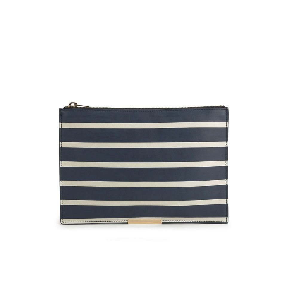 Sophie Hulme Large Zip Stripe Leather Pouch - Navy/Cream - Free UK ...