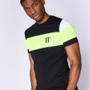 Men's Cut And Sew Sleeve Panel T-Shirt - Black/Neon Lime/White