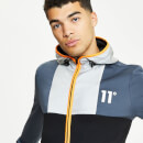 11 Degrees Mixed Fabric Cut And Sew Full Zip Hoodie – Black / Anthracite / Vapour Grey / Neon Orange