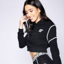 Women's Cropped Contrast Coverstitch Pullover Hoodie – Black