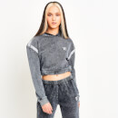 Women's Acid Wash Cropped Reflective Pullover Hoodie - Black