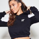 Women's Piped Panel Cropped Pullover Hoodie – Black/White/Grey Mar