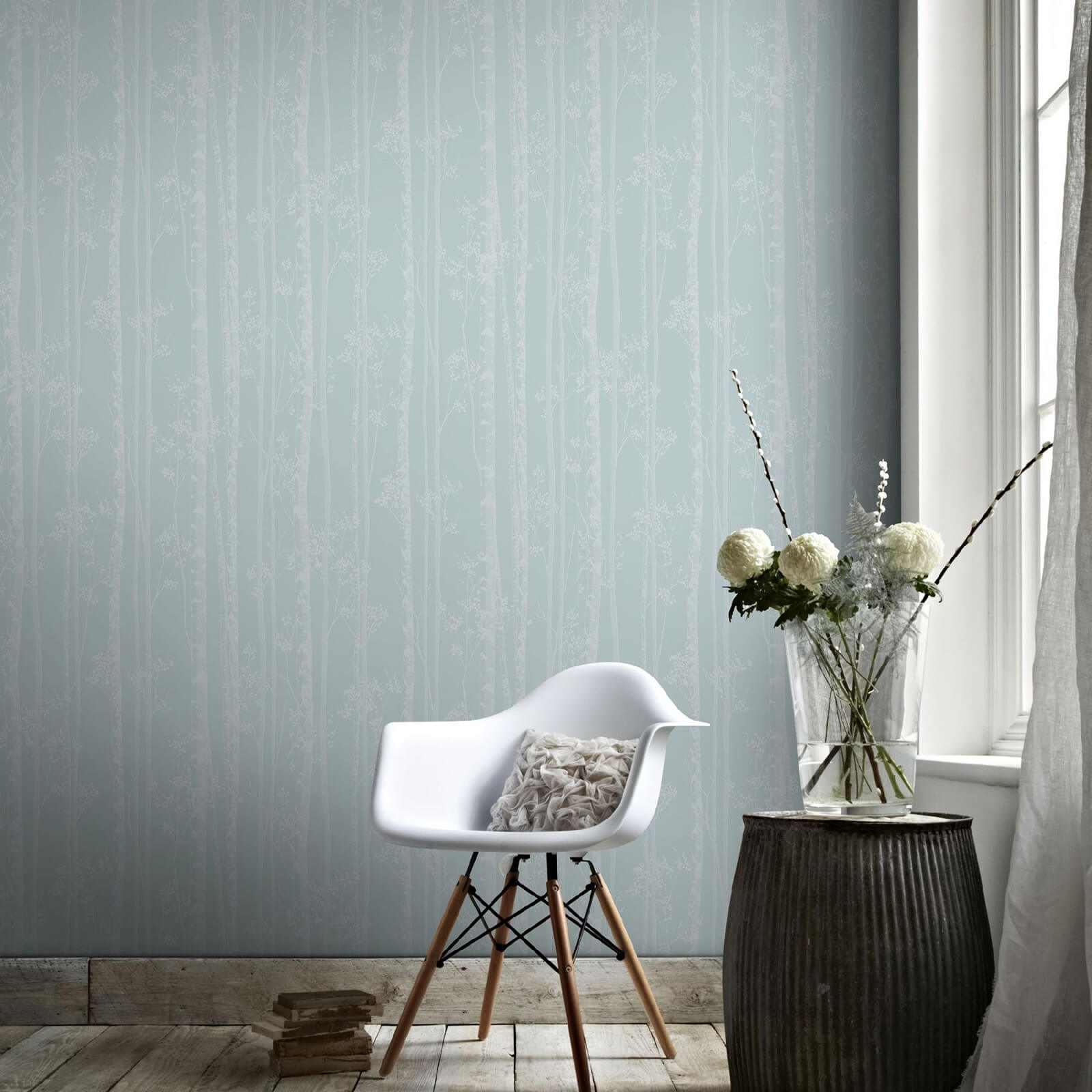 Boutique Linden Branch Tree Print Blue White Wallpaper
