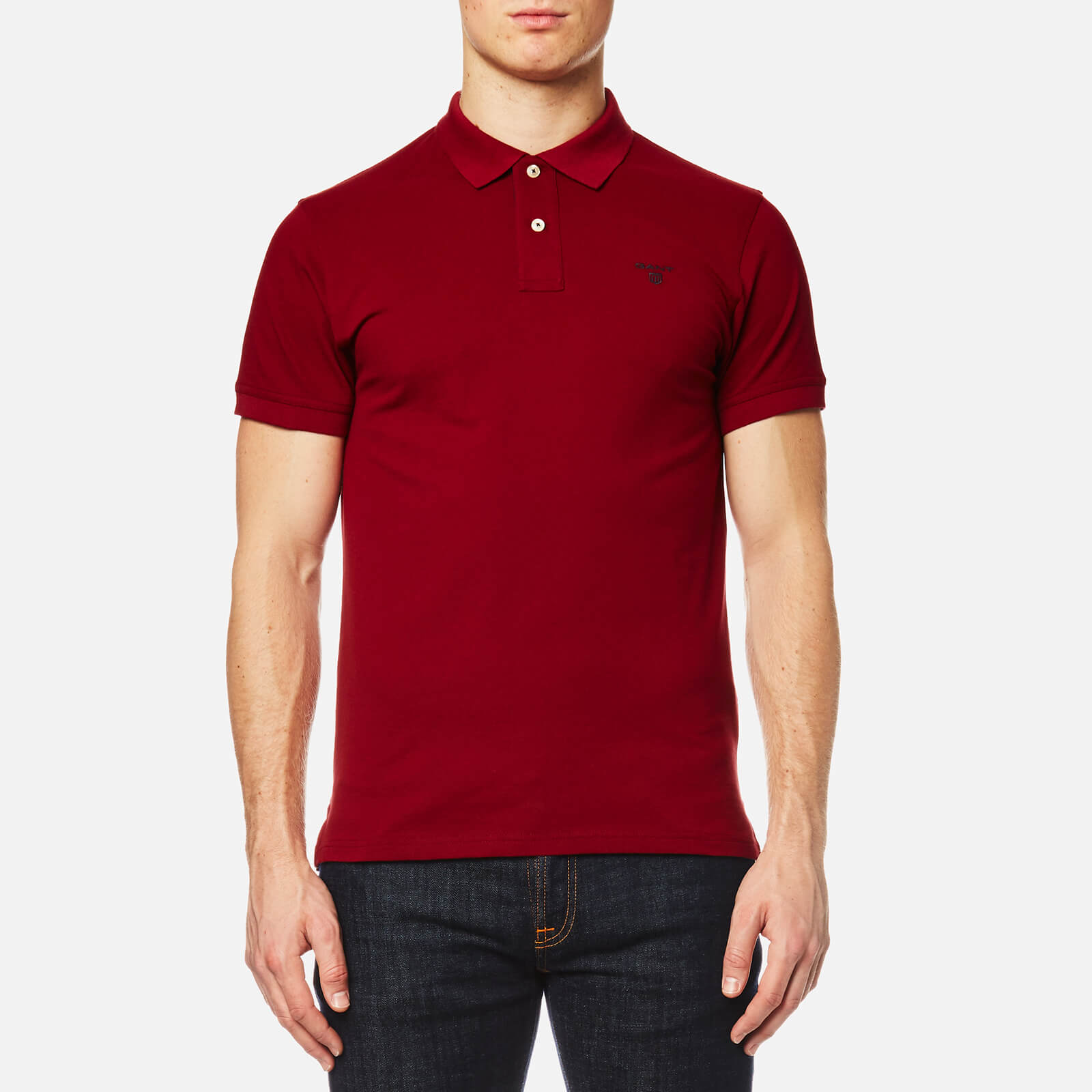 Gant Men S Contrast Collar Pique Short Sleeve Polo Shirt Mahogany Red Clothing Thehut Com