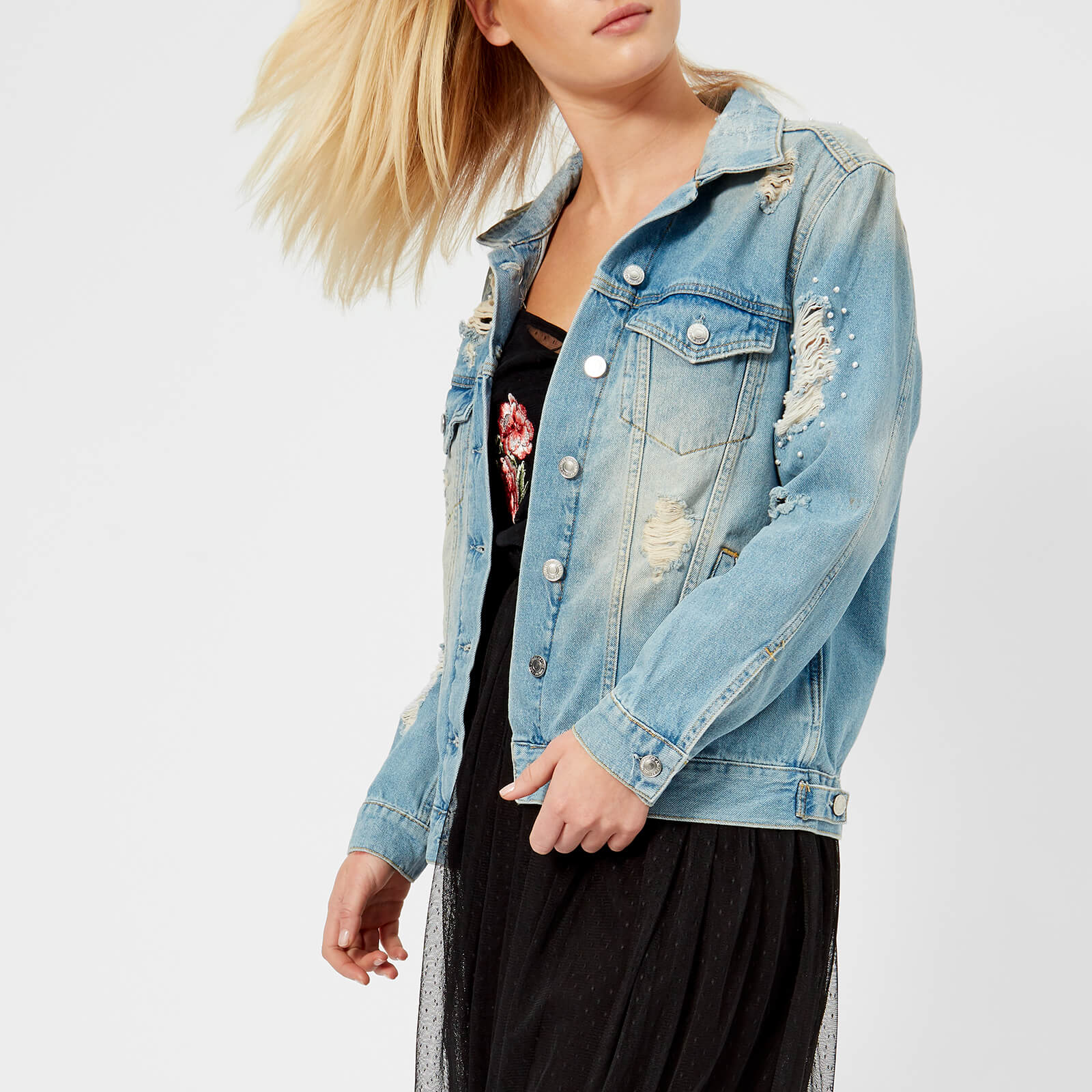 guess denim jacket with pearls