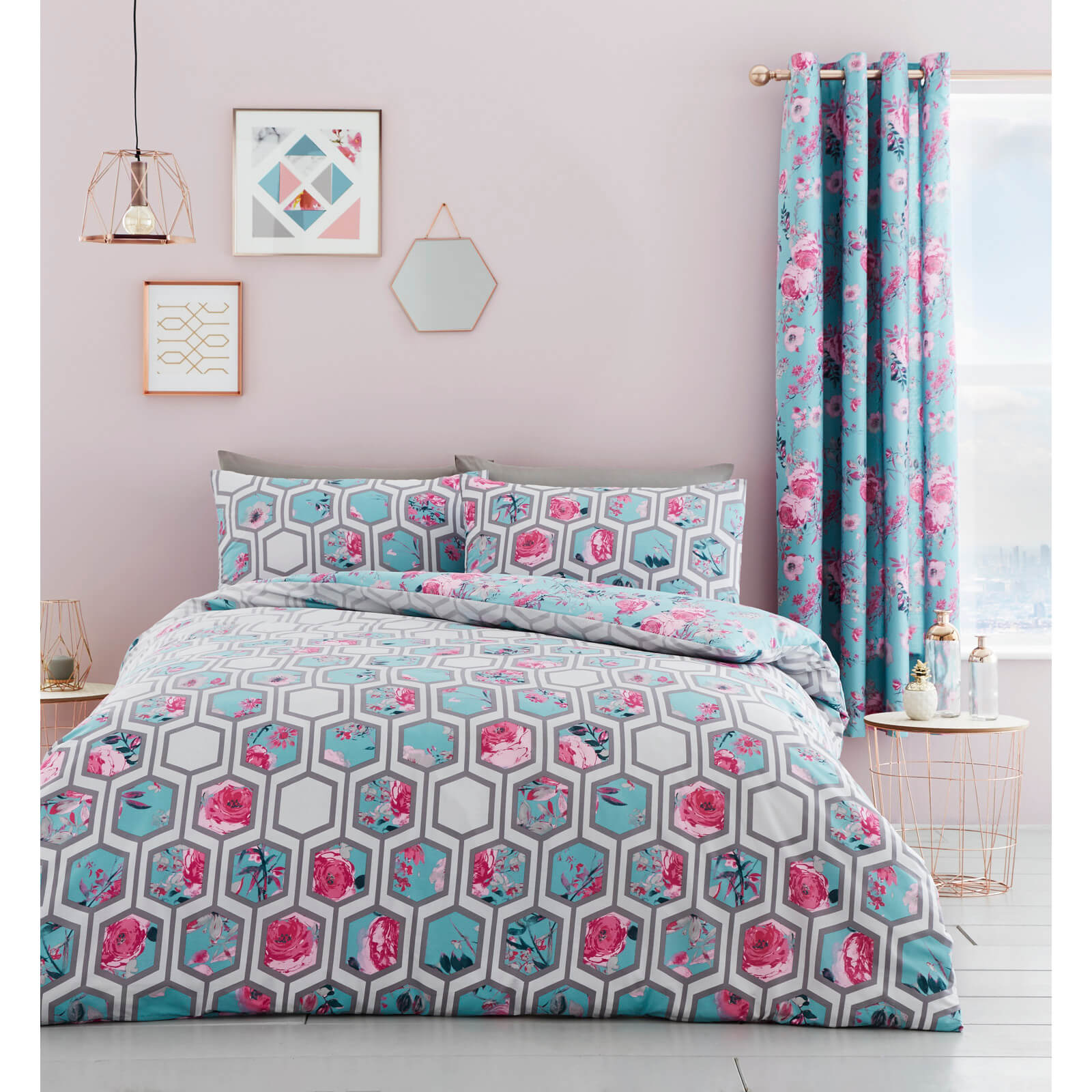 Catherine Lansfield Hexagon Floral Duvet Set Teal IWOOT