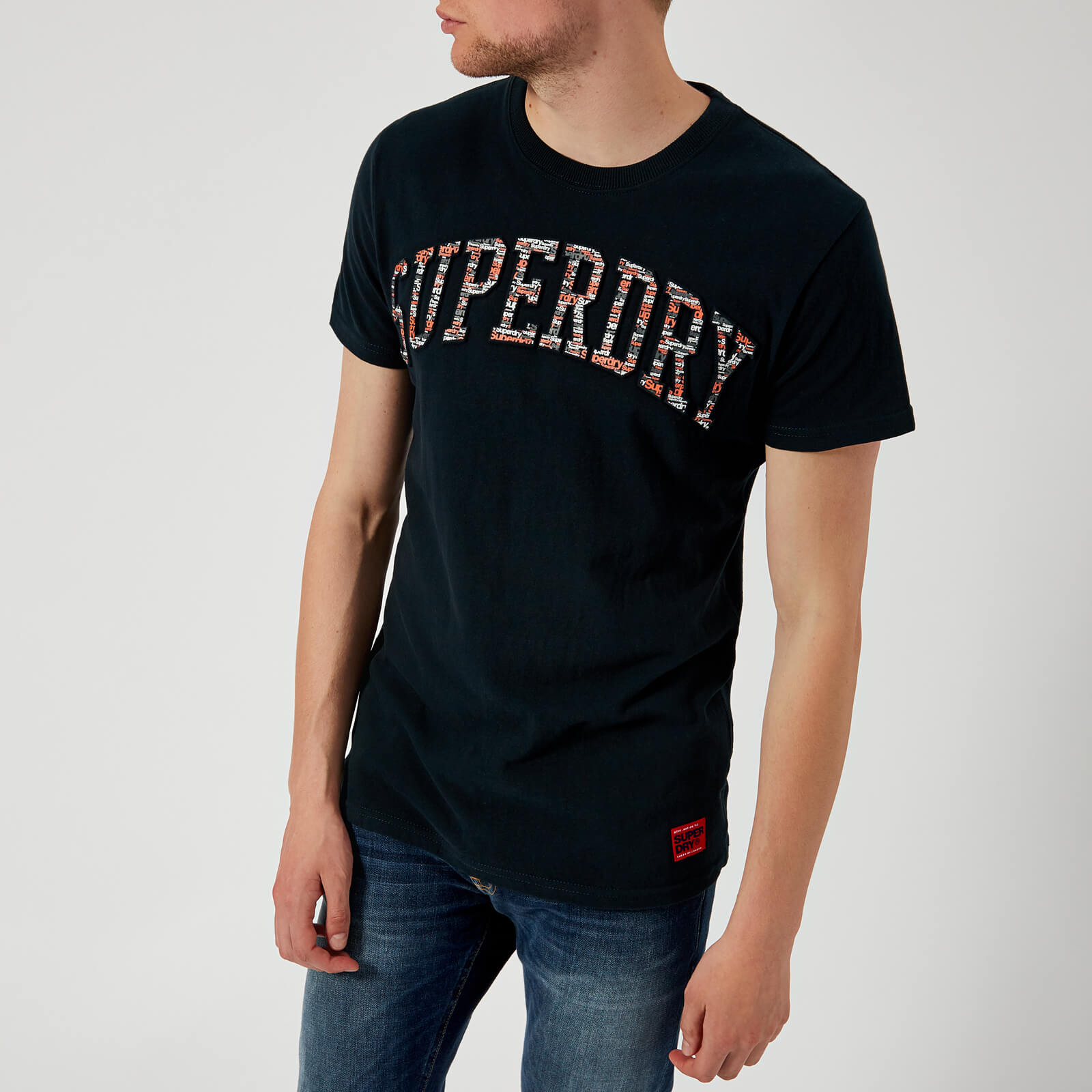 Superdry Mens New Varsity Embossed Short Sleeve T Shirt Navy Blue White