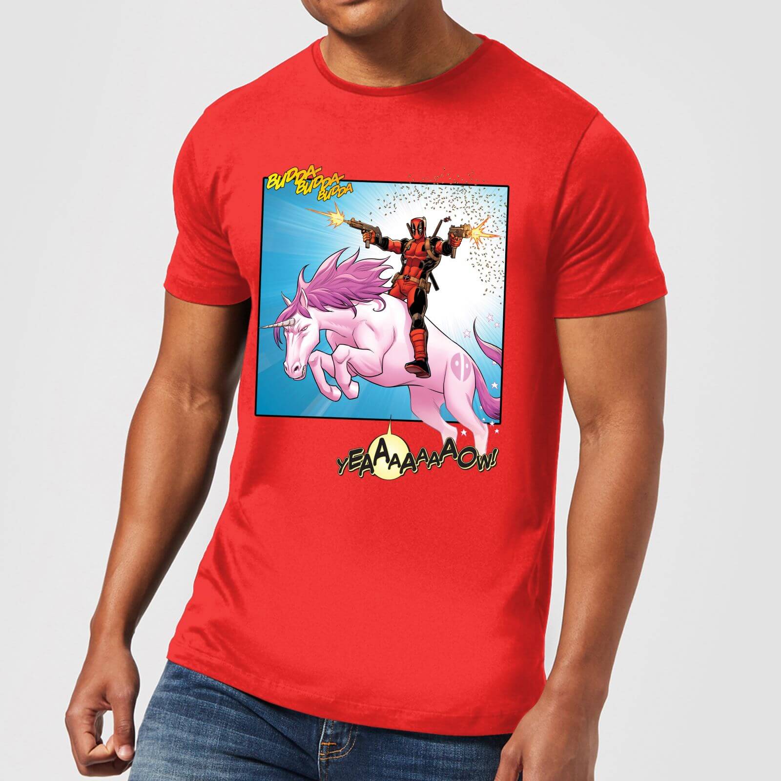 Marvel Deadpool Unicorn Battle Mens T Shirt Red