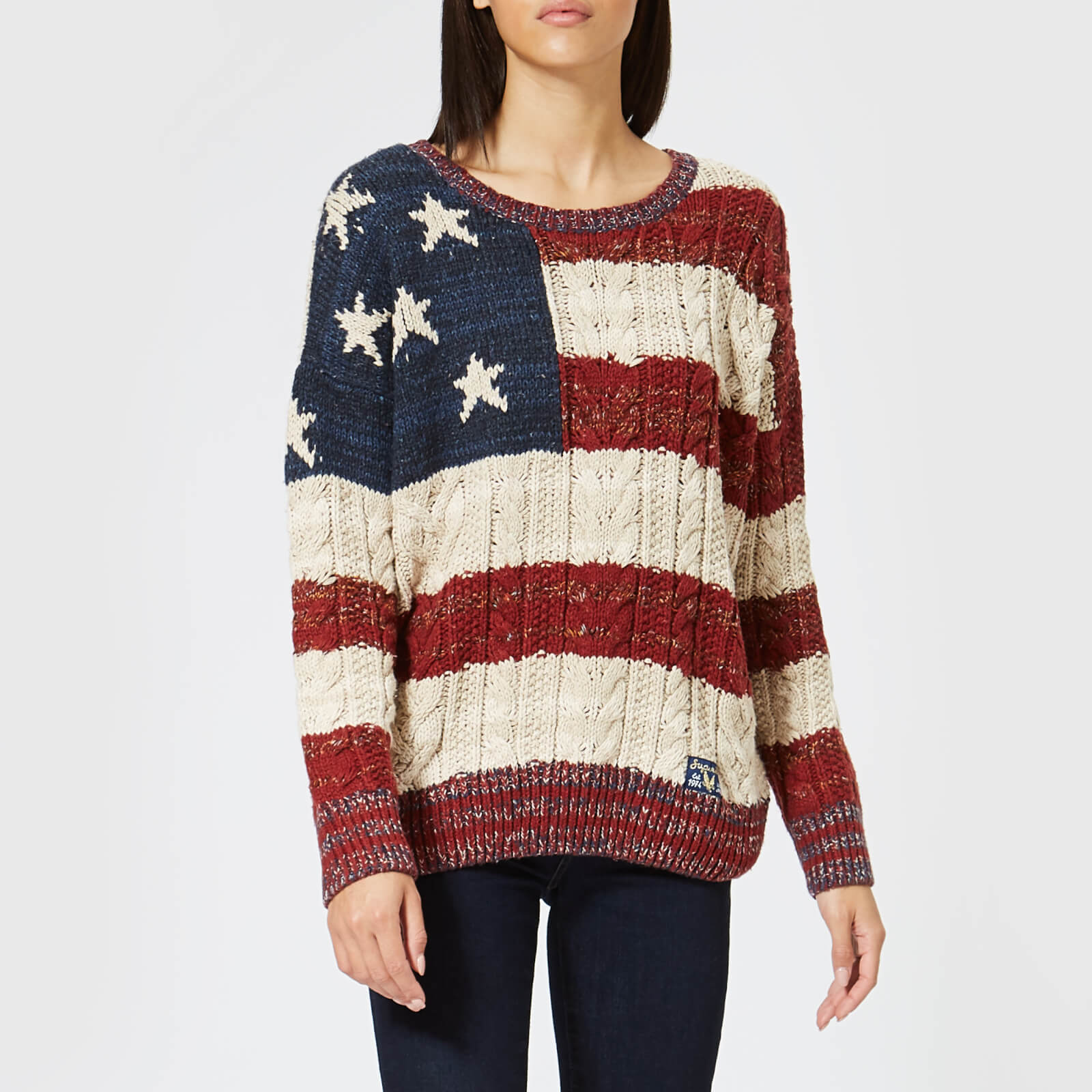 Superdry Women's Americana Cable Knit Jumper NavyBurnt RedEcru Superdry Women's Americana Cable Knit Jumper NavyBurnt RedEcru