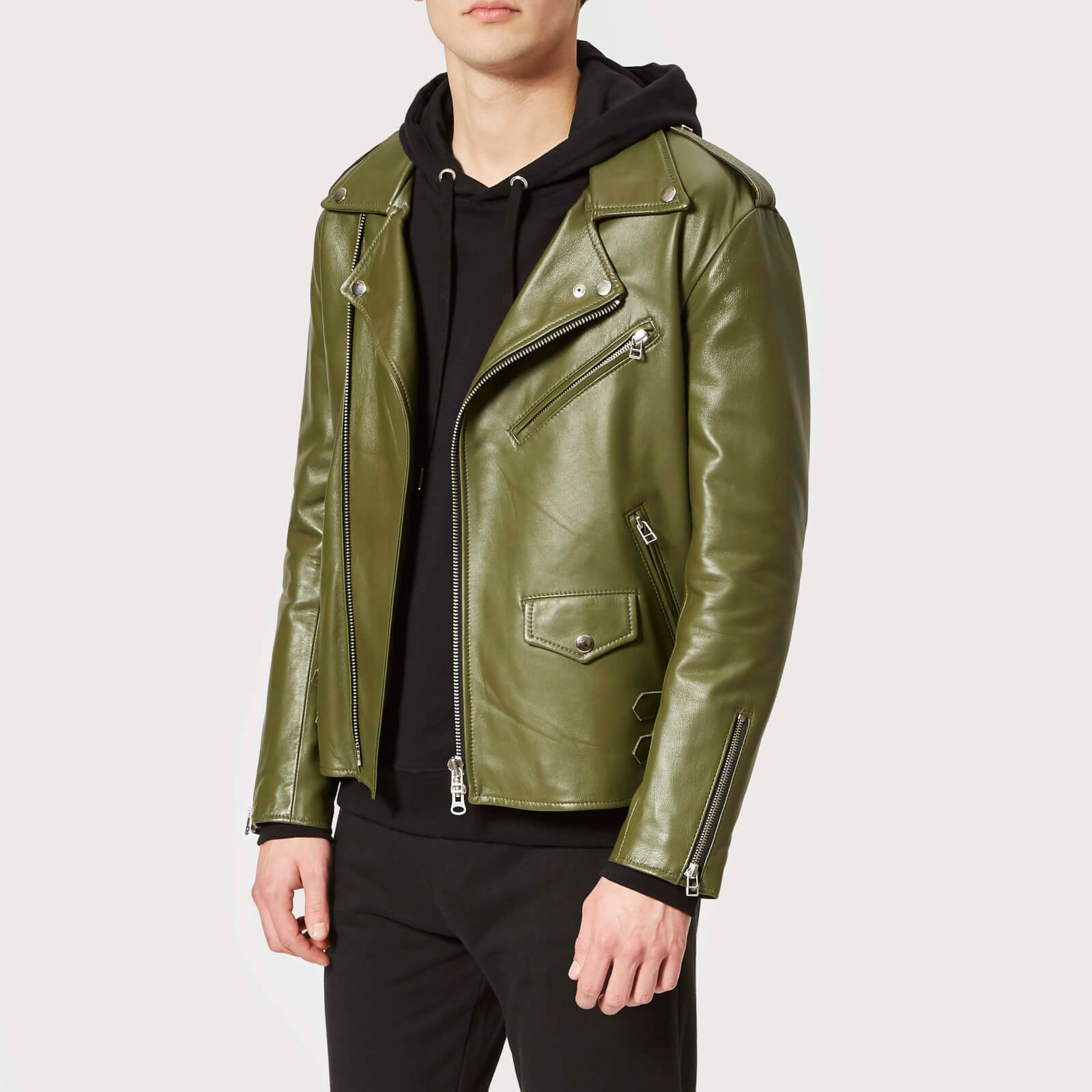 Avant L Oeil Men S Byrant Classic Leather Biker Jacket Green