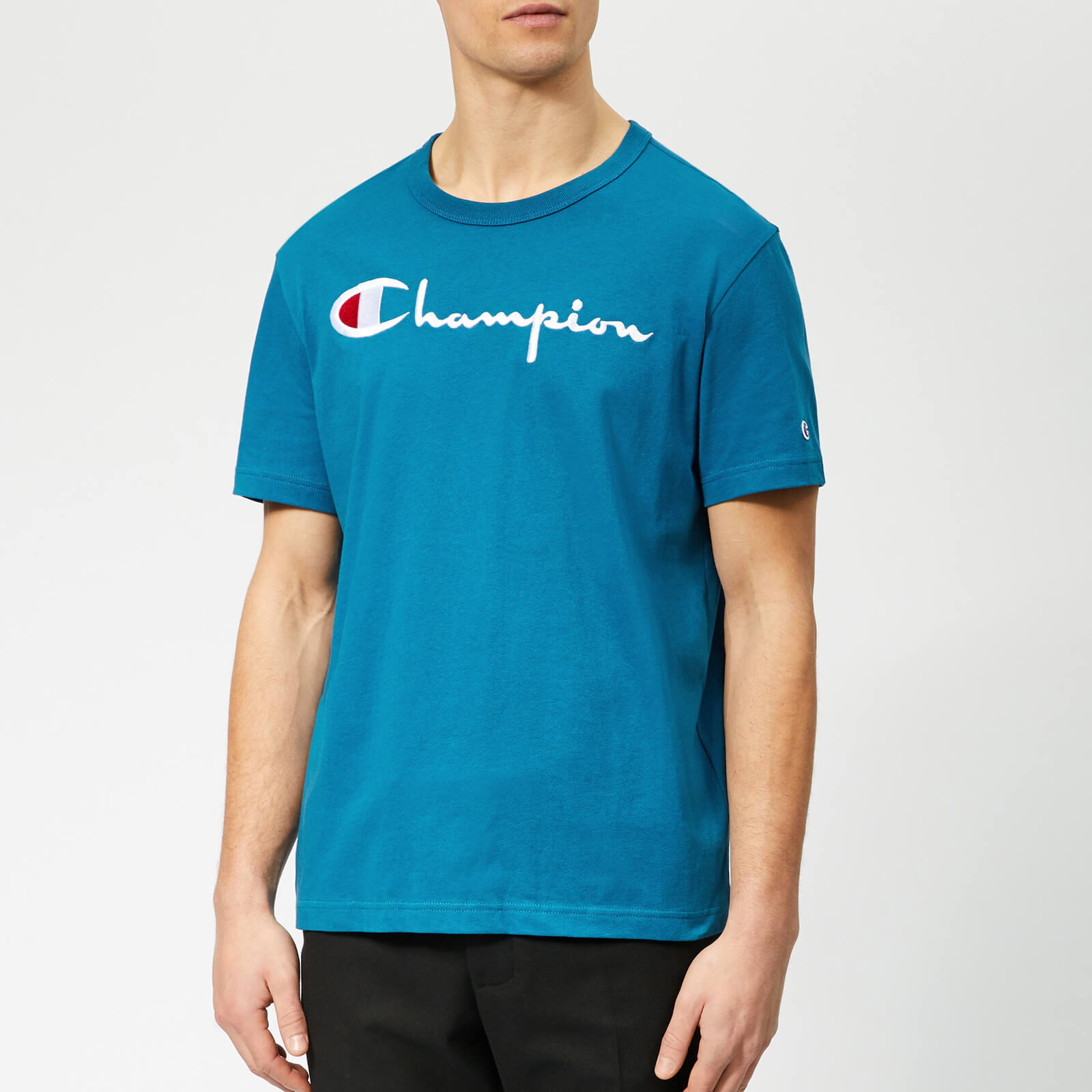 champion script logo crew neck sweatshirt turquoise