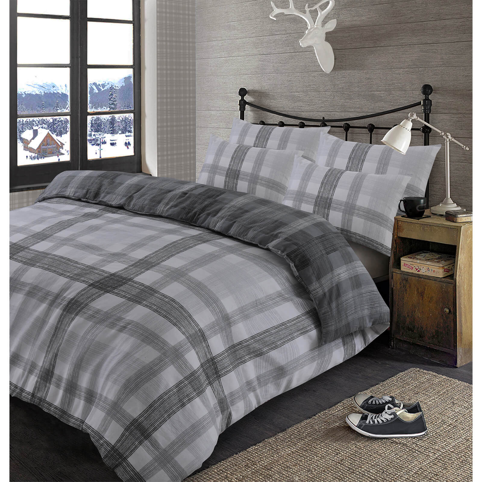Dreamscene Boston Grey Design 100 Brushed Cotton Duvet Cover Set