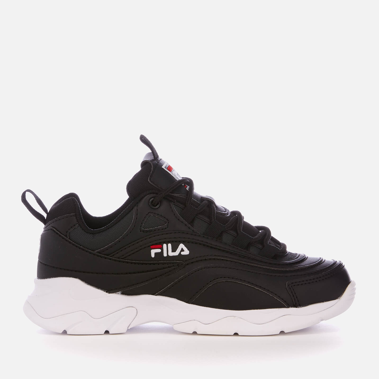 black and red fila trainers