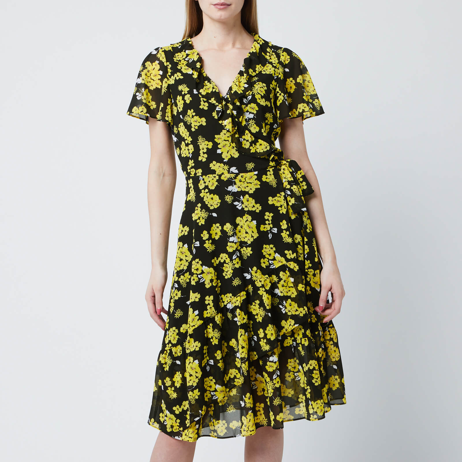 yellow dress with black flowers