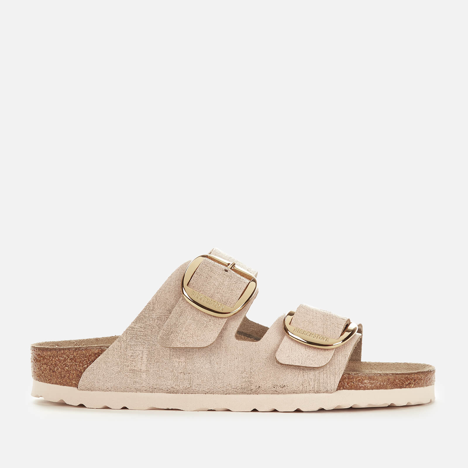 white birkenstocks with gold buckles