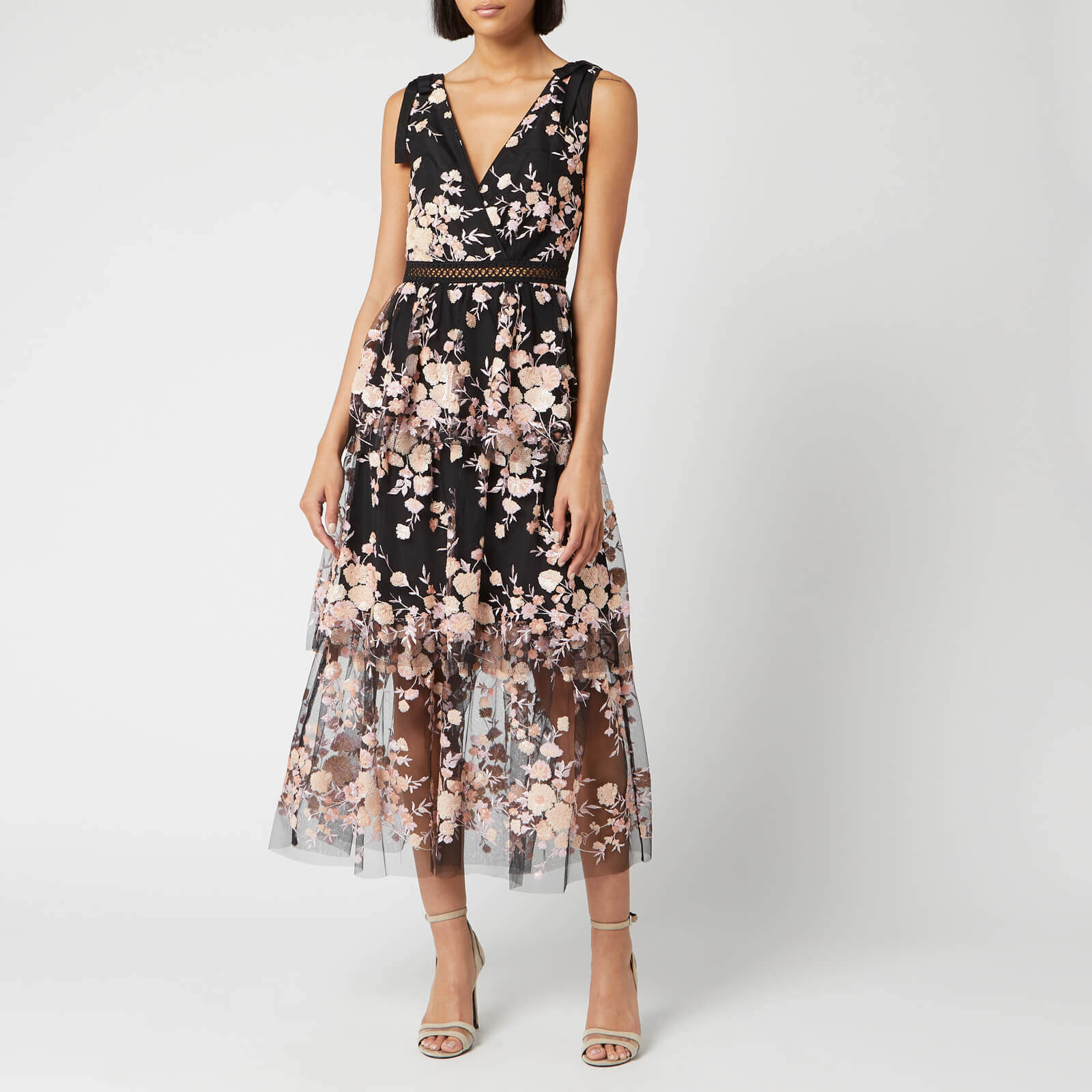 sleeveless midnight floral mesh dress
