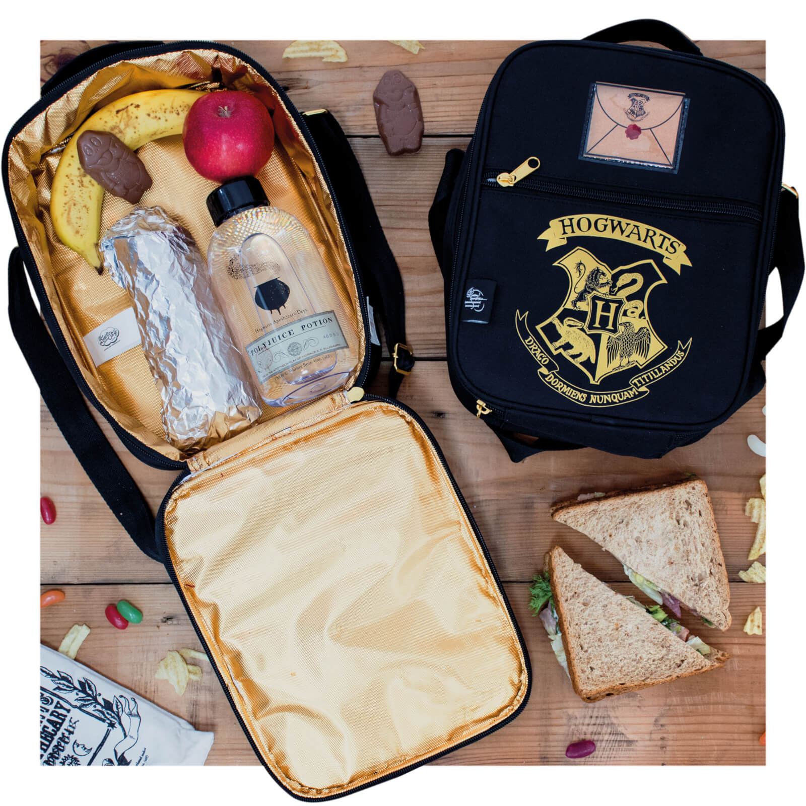 black and gold lunch bag