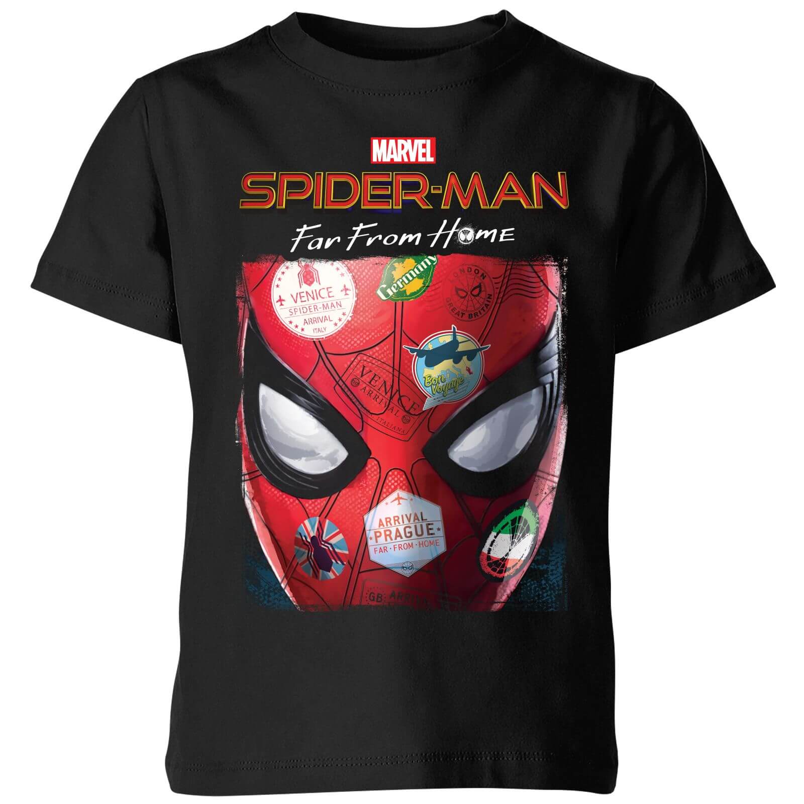 Spider Man Far From Home Stickers Mask Kids T Shirt Black Bekleidung Zavvi De