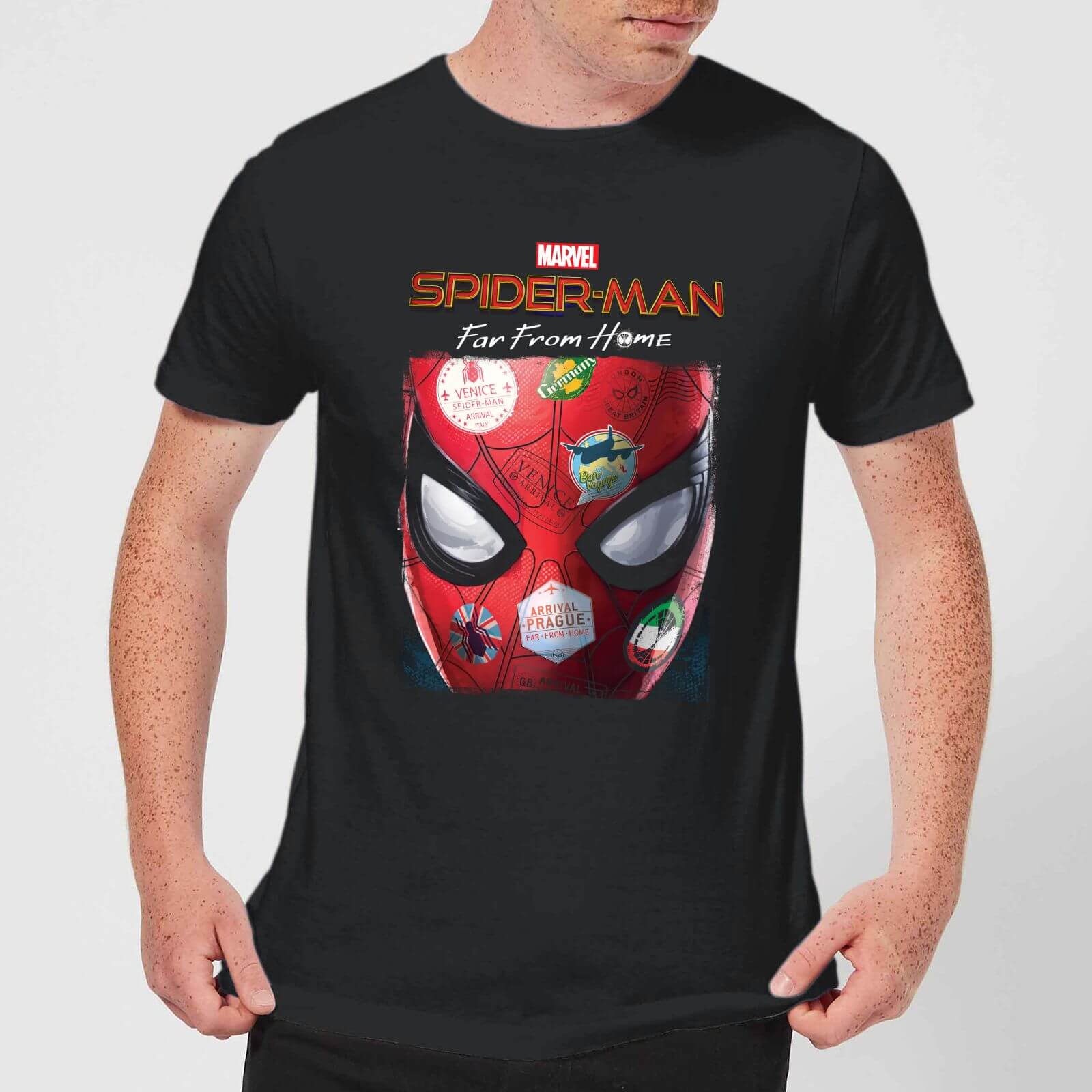 Spider Man Far From Home Stickers Mask Men S T Shirt Black Bekleidung Zavvi De