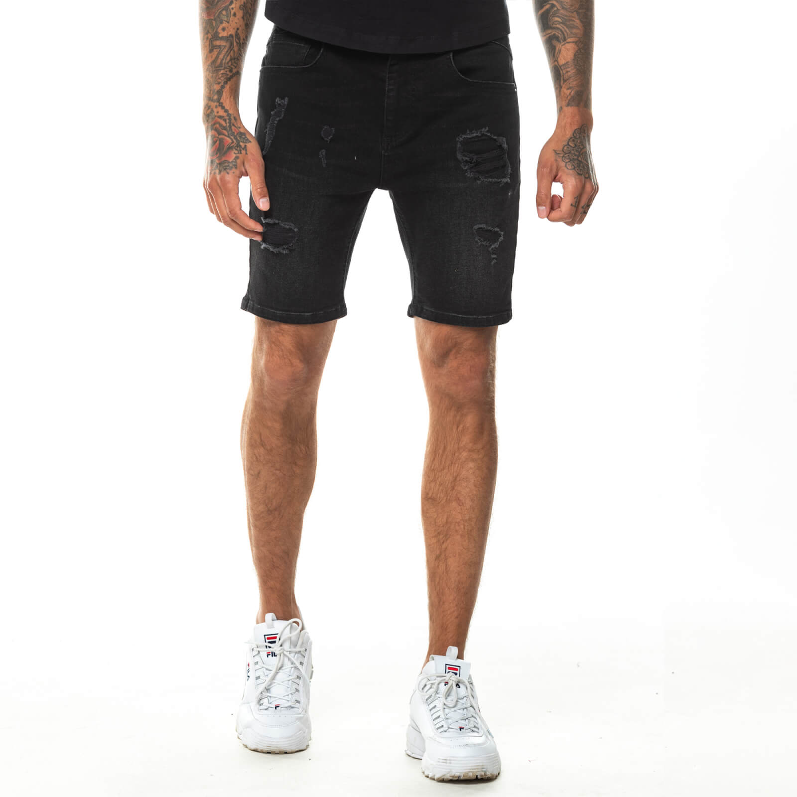 Pantalón Corto de Denim Sostenible Estilo Roto - Washed Black | 11 Degrees  ES