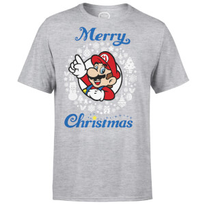 Nintendo Super Mario Mario White Wreath Merry Christmas Grey T-Shirt