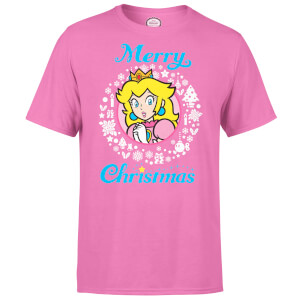 Nintendo Super Mario Peach White Wreath Merry Christmas Pink T-Shirt