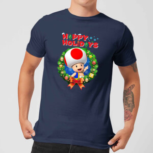Nintendo Super Mario Toad Wreath Happy Holidays Navy T-Shirt