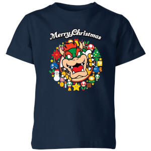 T-Shirt de Noël Enfant Bowser Joyeux Noël Couronne de Noël - Super Mario Nintendo - Bleu Marine