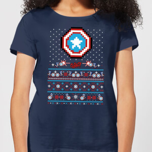 Marvel Avengers Captain America Pixel Art Women's Christmas T-Shirt - Navy