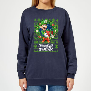 Pull de Noël Femme Nintendo Happy Holidays Luigi - Bleu Marine