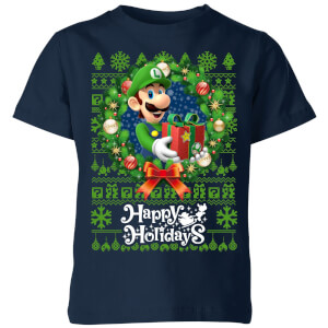 Nintendo Super Mario Happy Holidays Luigi Kid's Christmas T-Shirt - Navy