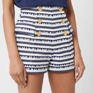 Balmain Women's High Waisted Shorts with Signature Stripe - Blue