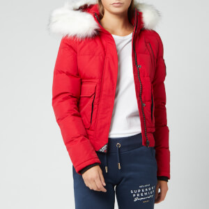 superdry red coat white fur