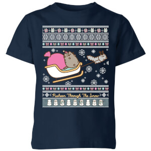 Pusheen Through The Snow Kids' Christmas T-Shirt - Navy