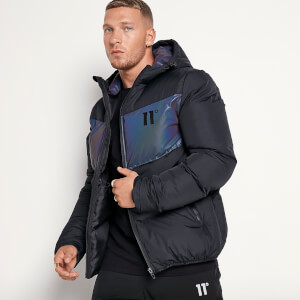Men's Large Panelled Cut And Sew Puffer Jacket - Black/Iridescent