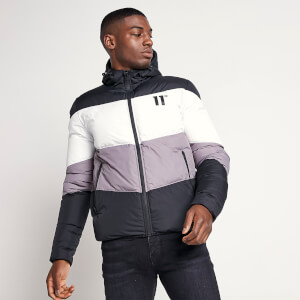 11 Degrees Large Panelled Block Puffer Jacket – Black / White / Shadow Grey