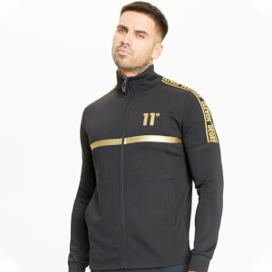 Men's Mixed Fabric Taped Full Zip Funnel Neck Top - Black/Gold