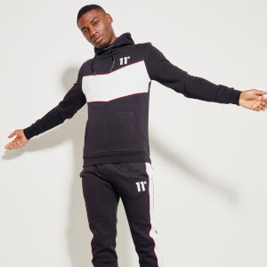 Men's Colour Block Piped Pullover Hoodie - Black/White/Goji Berry Red