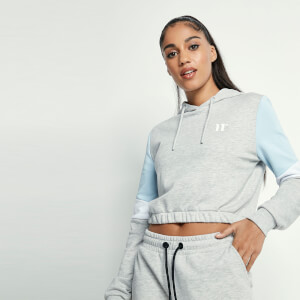 11 Degrees Womens Cropped Panel Pullover Hoodie – Grey Marl / Powder Blue /