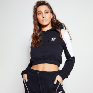 Women's Piped Panel Cropped Pullover Hoodie - Black/White/Grey Mar