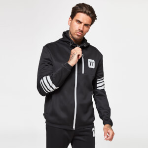 11 Degrees Men's Stripe Print Track Top With Hood - Black/Silver Reflective