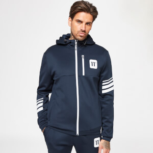 11 Degrees Men's Stripe Print Track Top With Hood - Navy/White Reflective