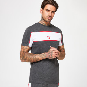 11 Degrees Cut & Sew Colour Block Piped Short Sleeve T-Shirt – Black Marl / White / Goji Berry Red