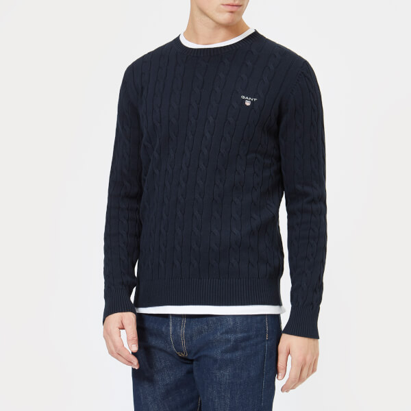 GANT Men's Cotton Cable Crew Knitted Jumper - Evening Blue Mens ...
