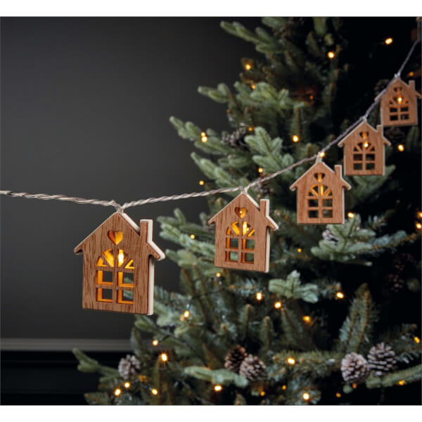 10 Wooden House String Lights (Battery Operated) Homebase
