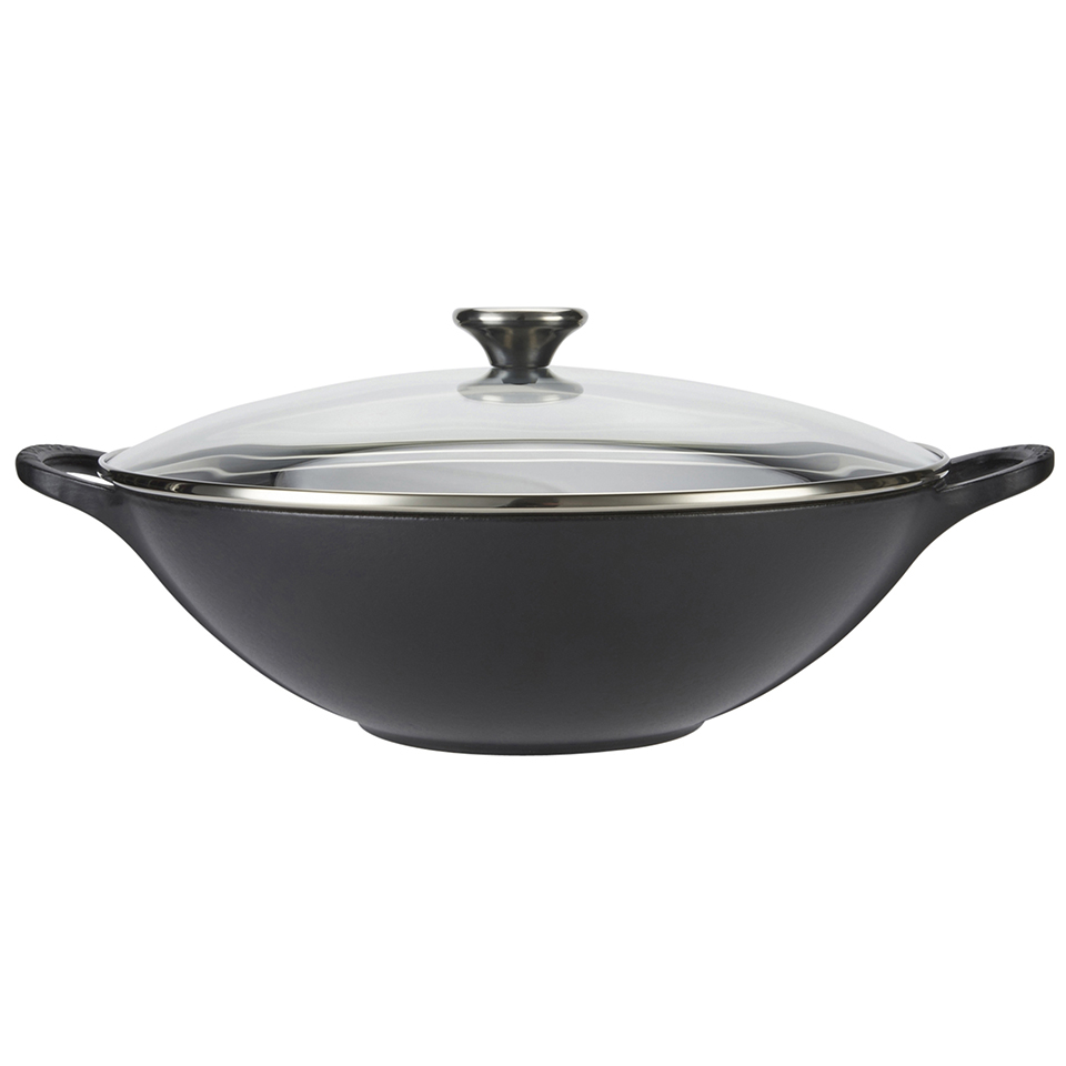 Le Creuset Cast Iron Wok with Glass Lid 32cm Satin Black IWOOT