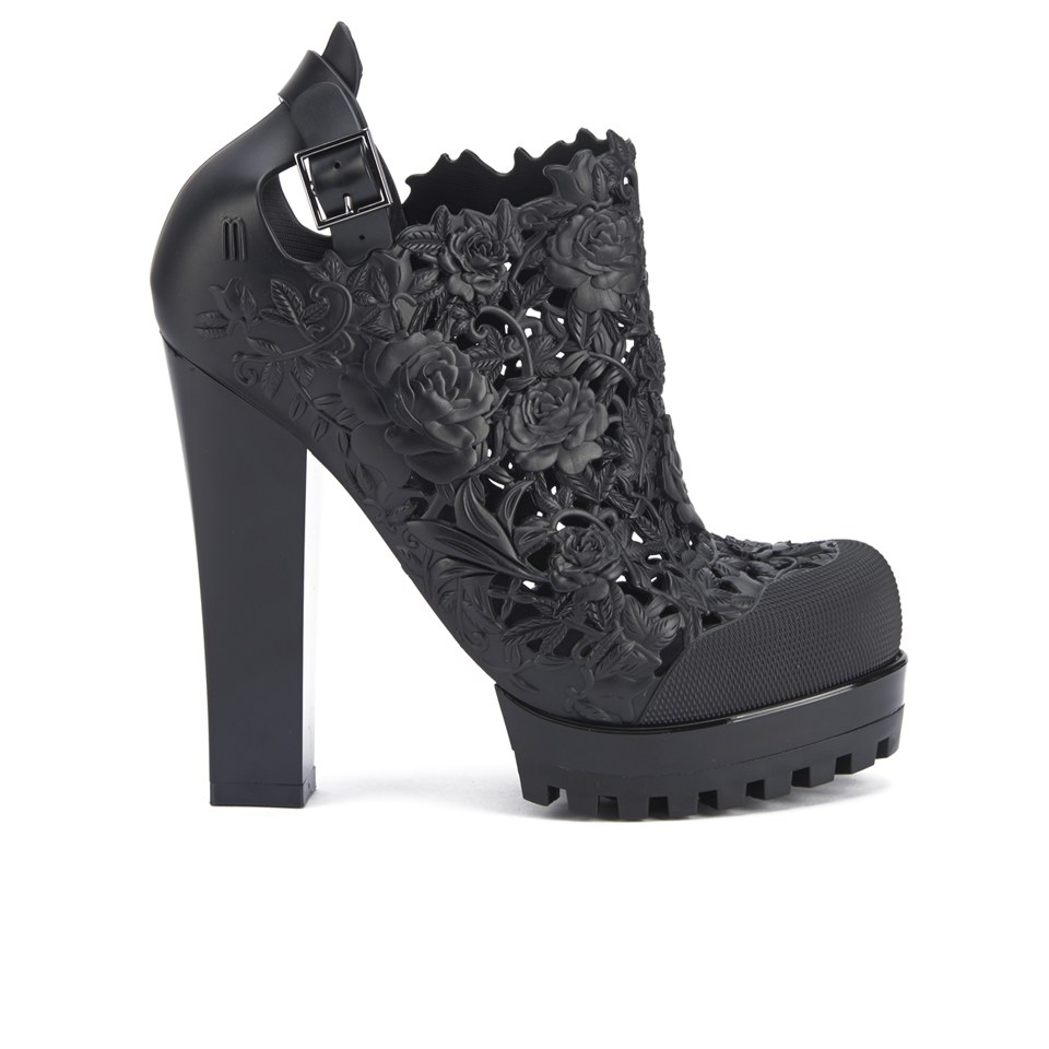 Flower Heeled Shoe Boots - Black 