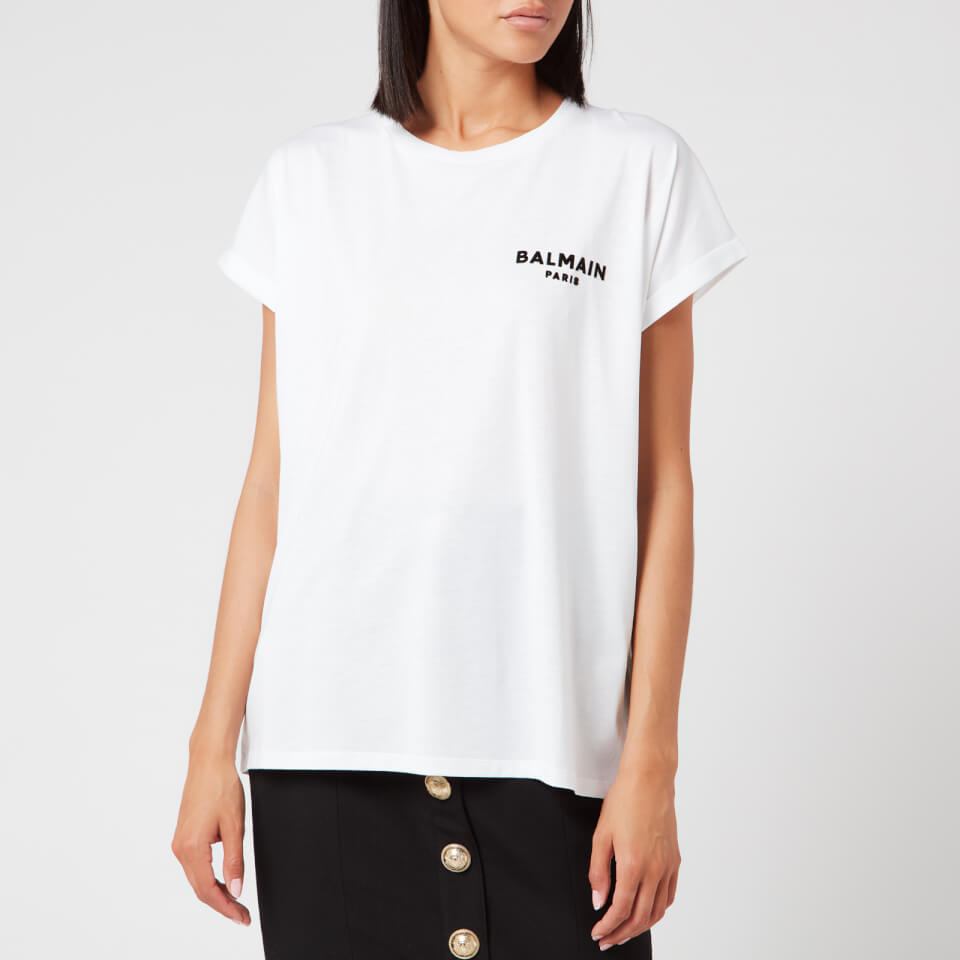 Balmain Women's Short Sleeve Flocked Logo Detail T-Shirt - White - Free ...