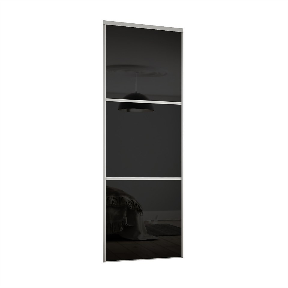 Linear Sliding Wardrobe Door 3 Panel Black Glass with Silver Frame (W