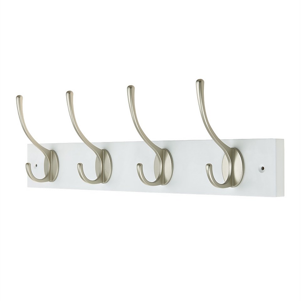4 Victorian Satin Nickel Hooks on White Bloc Board Homebase